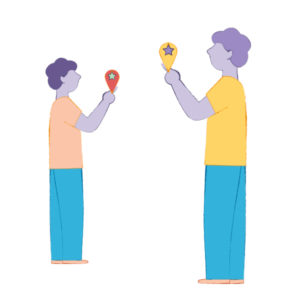 Illustration of two individuals with different geographical locations and communicating using different languages thanks to WordPress website designs